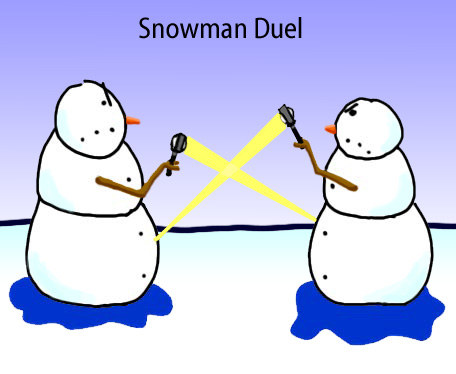 Dry Ice: The Snowman (or Snowmen) Based Comic.  [Two snowmen using magnifying glass light to melt each other]