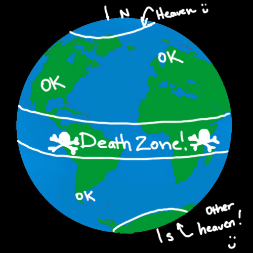 Dry Ice: The Snowman (or Snowmen) Based Comic.  Global map.  Equator = Death Zone, Poles = paradise, Rest of globe: OK