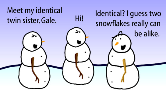 Dry Ice: The Snowman (or Snowmen) Based Comic.  -Meet my identical twin sister, Gale.  -Hi!  -Identical?  I guess two snowflakes really can be alike.