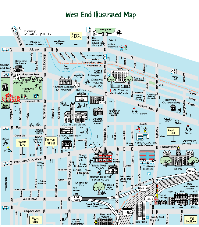 Illustrated map of the West End showing drawings of institutions and activities.