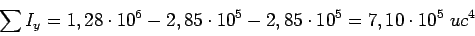 \begin{displaymath}\bgroup\color{black} \sum I_x = 2,88 \cdot 10^6 - 1,235 \cdot 10^6 - 3,50 \cdot 10^4 = 1,61 \cdot 10^6 \; uc^4\egroup\end{displaymath}