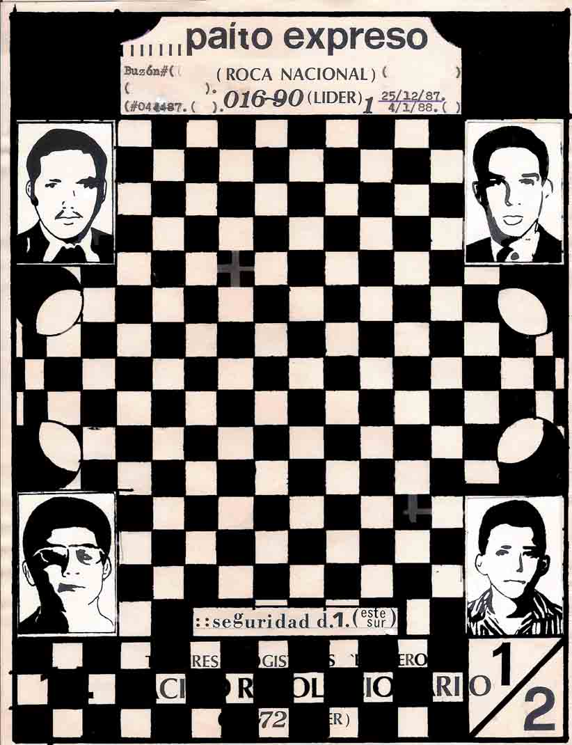 "Security.D: 1 (east-south) -" IRON MASK THAT PROTECTS THE SPACE WE INVERTED/ 'positive/negative scapulars/INVERTED MASK STOPS US IN THE TIME. -IN THE 4 CORNERS OF THE MASK FACES GROUP clappers - SDQ- (Political/Military) . -1988-.
