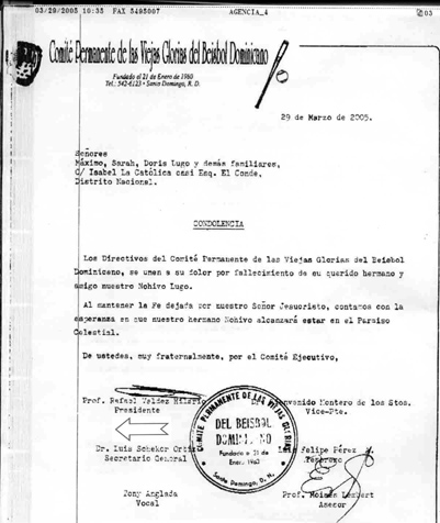 CARTA DE CONDOLENCIAS A LA FAMILIA LUGO ARVELO POR EL FALLECIMIENTO POR UNOS DE SUS MIEMBROS EL SE�OR NOHIVO LUGO QUIEN FUE UN ETERNO COLABORADOR SOLIDARIO CON ESTA INSTITUCION.