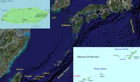 Detailed arial view of the Ryukyu Islands of Japan.