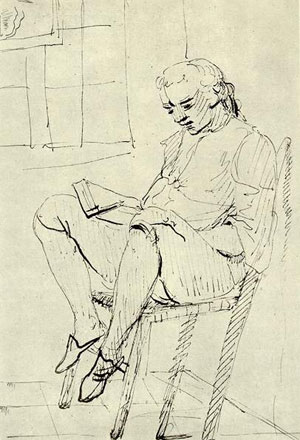  'H�tschelhan�' (38), lesend: Federzeichnung von Johann Heinrich Wilhelm Tischbein, Rom 1786/87 