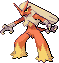 In battle, BLAZIKEN blows out intense flames from its wrists and attacks foes courageously. The stronger the foe, the more intensely this POK�MON's wrists burn.
