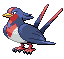 SWELLOW flies high above our heads, making graceful arcs in the sky. This POK�MON dives at a steep angle as soon as it spots its prey. The hapless prey is tightly grasped by SWELLOW's clawed feet, preventing escape.
