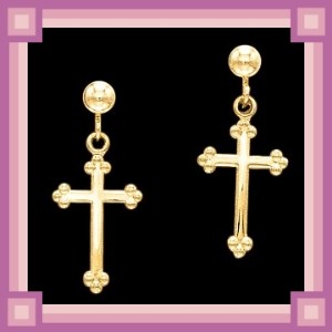 Avelor Collection:: EARRINGS DANG BALL CROSS - 14 Karat Gold (PAIR - 14X9 millimeters in size each.) (Religious Earrings)