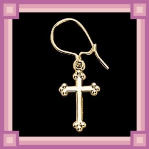 Avelor Collection:: EURO WIRE CROSS EARRINGS- 14 Karat Gold (14X9 millimeters in size.) (Religious Earrings)