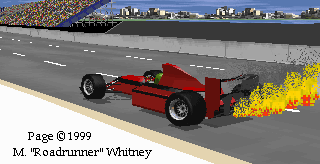 Screenshot from Grand Prix II --- FIRE! FIRE! Settle down Beavis.  Car not intended to be a Ferrari.