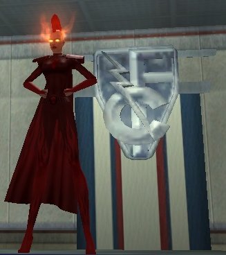 This is Wendy's level 40 costume, it's heavily inspired by the costume I designed for her mother. Sort of her tribute. I know, it's hard to see in the lighting, the picture down below has better lighting. I just like this one with the Freedom Corps. Flag hanging in the background, since her mother was an active member of Freedom Corps.