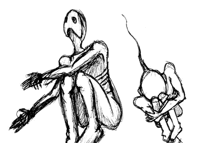 a) To me this creature is one of two things. 1> The mummified remains of a once winged humanoid. 2> The living body of a creature cursed with weapons as appendages.
b) This is the head of sketch2a) - with eyes sunken deep into columns of thin gray flesh and a mouth bearing striking resemblance to a female organ. 
c) There is something appealing about this one, but I�m not sure what. It is a simple mouth; perhaps I�m interested in the words it is saying.