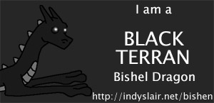 Black terran dragons, like all black Bishen, are highly dangerous.  They love to live in deep caves, mainly beneath jungles or swamps.  Solitude isn't just a love for them, it's an obsession.  They enjoy darkness and cold, and are quick to attack any who dare disturb them.  They have very few friends, and often are hostile to outsiders.