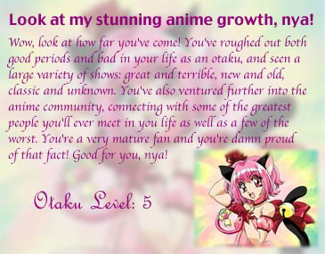 Look at my stunning anime growth, nya! (Otaku Level: 5)