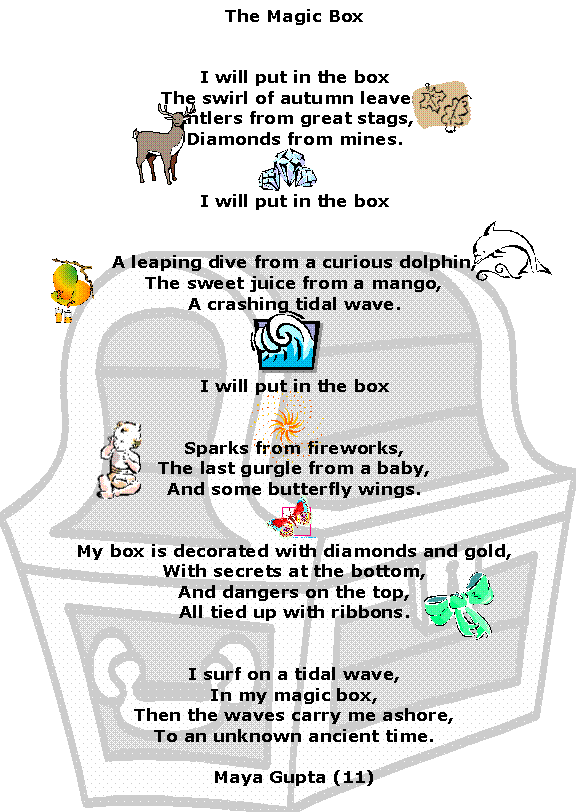 The Magic Box 
I will put in the box 
The swirl of autumn leaves, Antlers from great stags, Diamonds from mines.

I will put in the box

A leaping dive from a curious dolphin, The sweet juice from a mango, A crashing tidal wave.

I will put in the box

Sparks from fireworks, The last gurgle from a baby, And some butterfly wings.

My box is decorated with diamonds and gold, With secrets at the bottom, And dangers on the top, All tied up with ribbons.

I surf on a tidal wave, In my magic box, Then the waves carry me ashore, To an unknown ancient time.


Maya Gupta (11)

