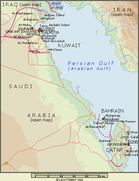 Map of Kuwait, Bahrain and Qatar