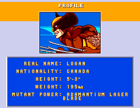Wolverine's profile from the game