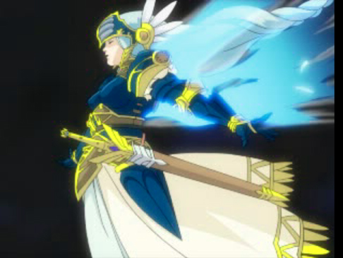 Glowing aura surging from her back.