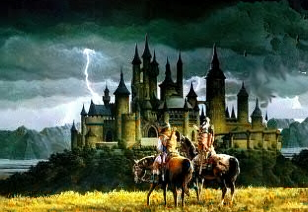 Sir Aerolynn and King Andreas riding in front of the Castle on a stormy night.