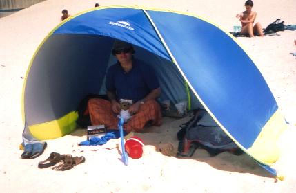 Kieron and our beach hut.