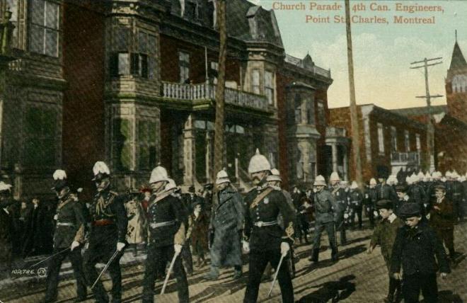 Image is probably late 19th century, originally black/white and hand tinted.  Further research is underway to determine the accuracy of the image caption and the colors used for the uniforms. As it stands, we have determined that at the time period this photo was taken Canadian Engineer uniforms were RED.