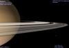 Saturn and orbiting shepherd moons around rings.