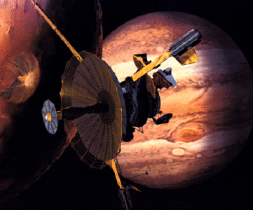 Galileo mission spacecraft orbiting Jupiter's satellite Io.