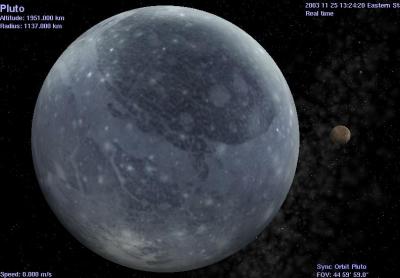 Pluto with satellite Charon in background.