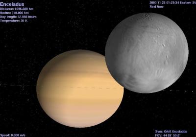 Saturn, Enceladus, and orbiting minor satellites.