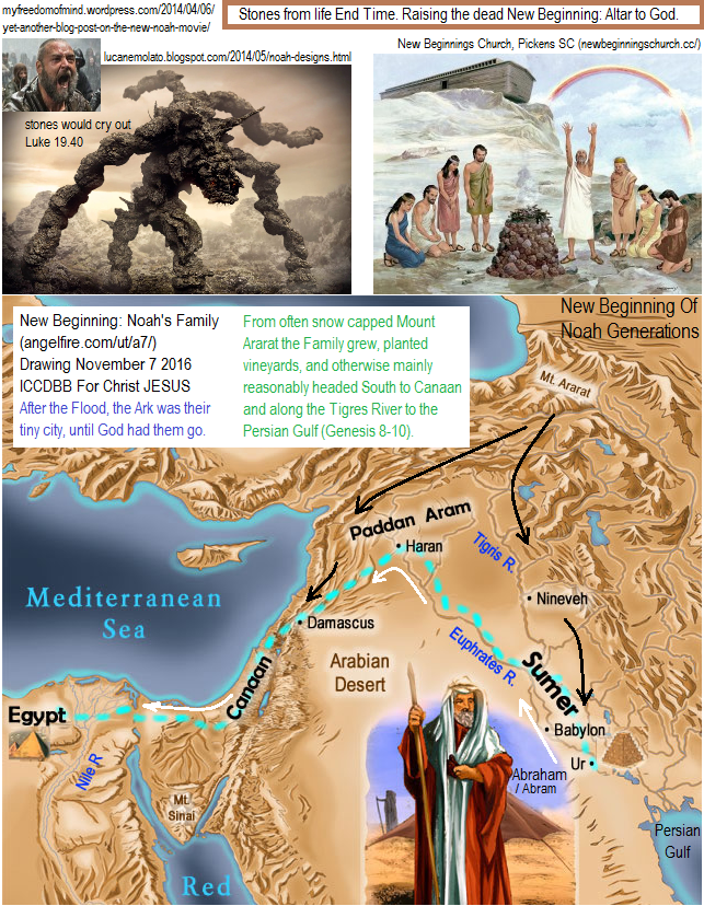 Noah the movie 2014 AD with Noah played by Russell Crowe and the stones and rocks come to life at the Word and Will of God: rock monsters, rock creatures, stone monsters, living rock formations, alive stones tour, Noah's Altar to God, journey journeys of noah's ark family: in the Noah movie Noah Russell Crowe, Noah's Wife Jennifer Connelly, Anthony Hopkins Methuselah, Ila Emma Watson Noah's daughter-in-law and Wife of Shem Douglas Booth. Ham Logan Lerman. Tubal-cain Ray Winstone descendant of Cain. Landing on Mount Ararat all waited months, then Noah built an Altar For God, some generations planted vineyards, many generations spread out to the South, to the Southwest through the later known as the Promised Land, to the Southeast through the Fertile Crescent to the Persian Gulf. Later Abraham journeyed from Ur, Light, the City Of Light, Northwest then to Egypt. Later the Chosen People left Egypt to the Promised Land, the House Of Israel. Later Christ JESUS went from the Promised Land to Egypt and back to the Promised Land.