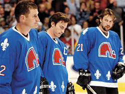 The original Qubec Nordiques players (Foote, Sakic and Forsberg) showed of their Q.N. uniform at preseason game in Quebec City, Canada (Sept 29, 2002), credit: LE SOLEIL, Jean-Marie Villeneuve
. http://www.cyberpresse.ca