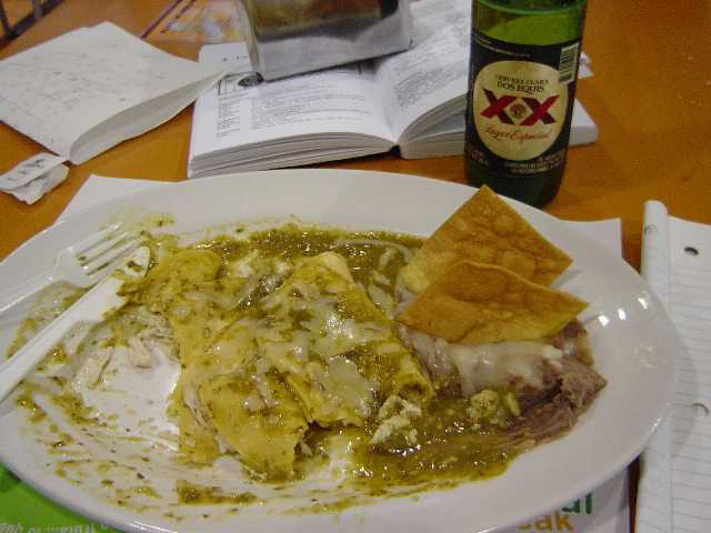 My  first beer in Mexico (also, my first chicken enchiladas!)