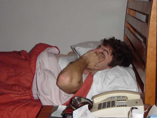 Uugh...
...where am I?...   ...whas...    ...wha...
...no, mummy...five more minutes, please.
...I don't wanna go to school today...
...little mister froggy wanna play?...
Jimmy good boy, wanna pizza...