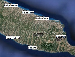 map of Polychrono on the Kassandra peninsula in Halkidiki