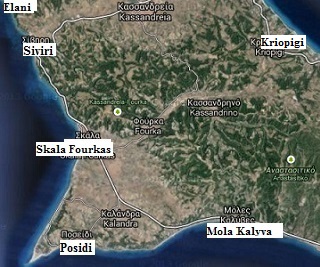 map of Siviri beach on the Kassandra peninsula in Halkidiki