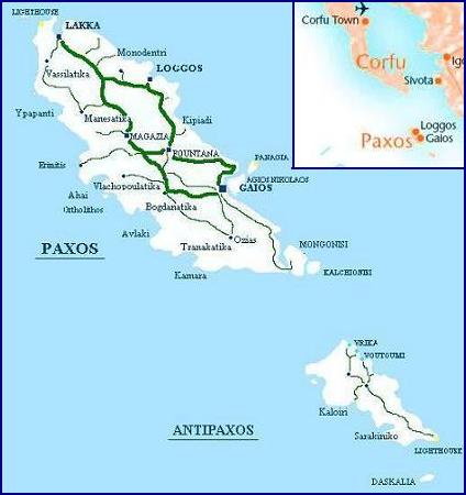 map of Paxi or Paxos, Greece, plattegrond van Paxi, Paxos Griekenland