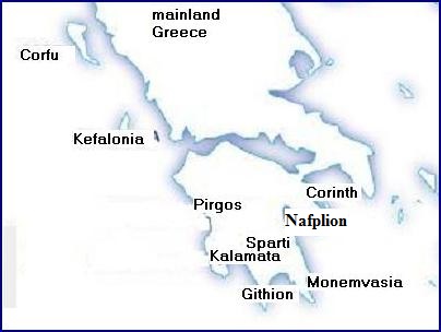 map of the Peloponnese, plattegrond van de Pelopennesos
