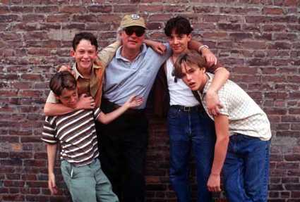 On the set of Sleepers (from L to R): Geoffrey Wigdor, Jonathan Tucker, director Barry Levinson, Joseph Perrino, and Brad Renfro