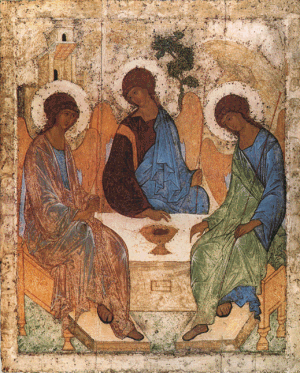 {Icon of the trinity showing three figures at a
                    table}