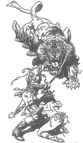 Carthoris stepped between Thuvia and the banth, his sword ready to contest the beast's victory over them.