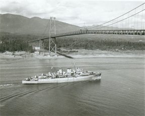 HMCS Prince Robert passing under the Lion's Gate Bridge, BC.