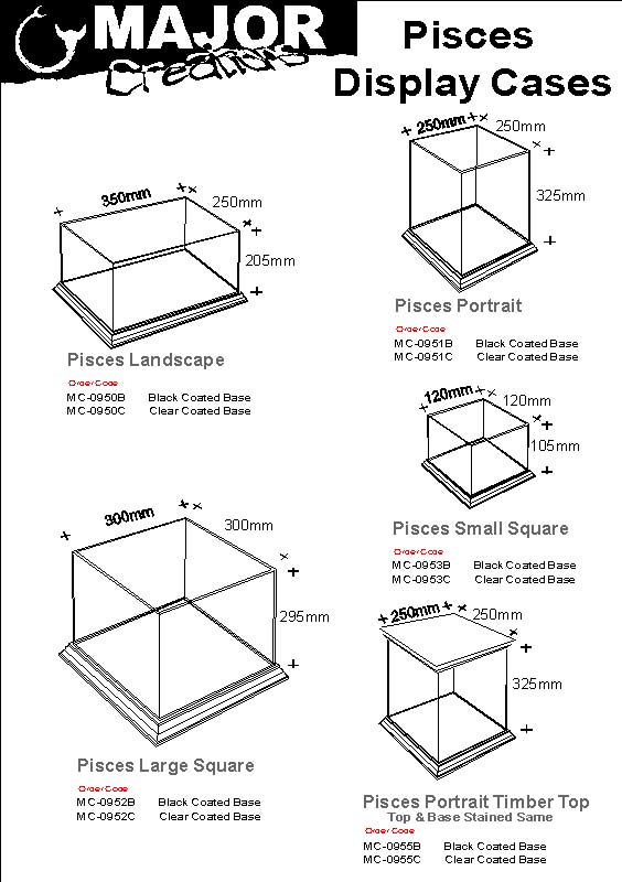 Standard sizes for Pisces display cases