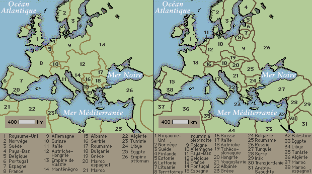 Carte de l'Europe en 1914 et en 1918