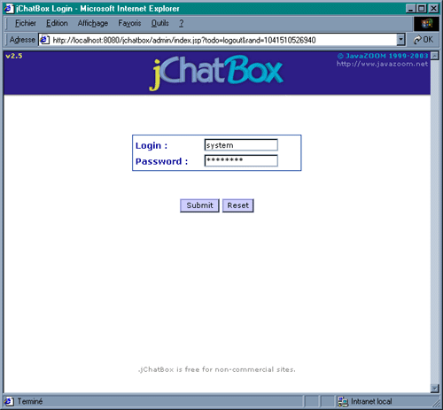 jChatBox administrator and moderators login