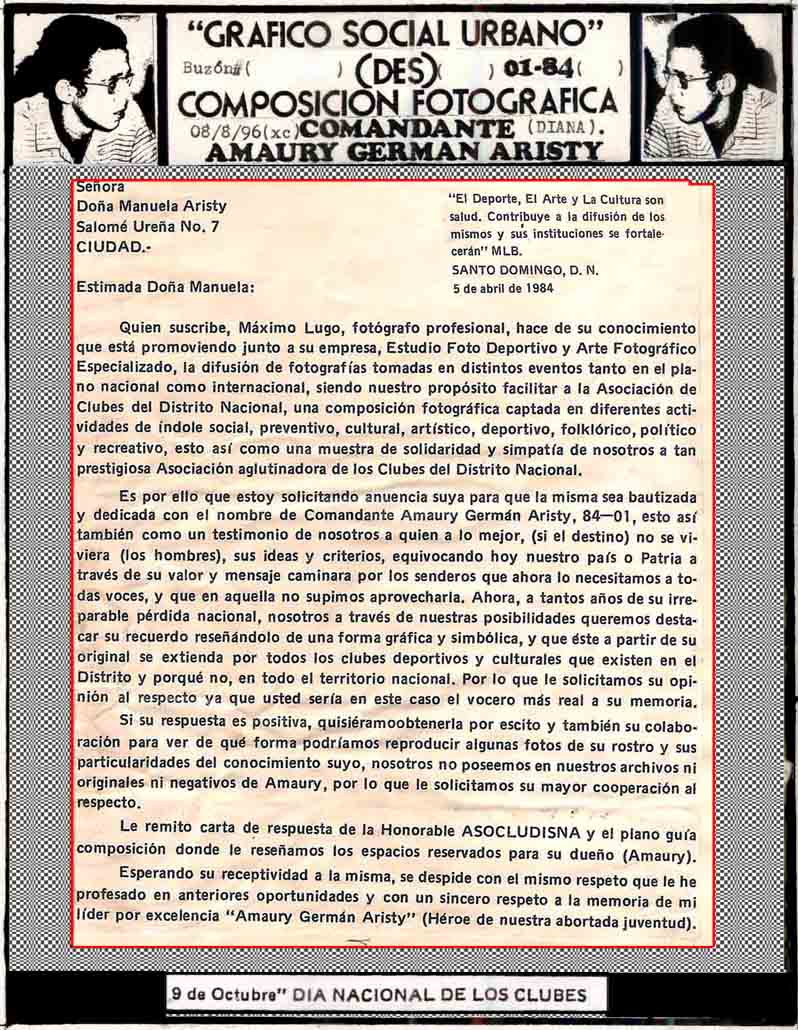 CARTA ESTUDIO MAXIMO LUGO "ARTE FOTOGRAFICO ESPECIALIZADO" A DO&Ntilde;A MANUELA ARISTY.,MADRE DE AMAURY GERMAN ARISTY-A&Ntilde;O: 1984.