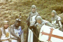Arthur, Bedevere, Launcelot, Galahad, and Robin retreat after a frontal assault on the Beast of Caerbannorg fails