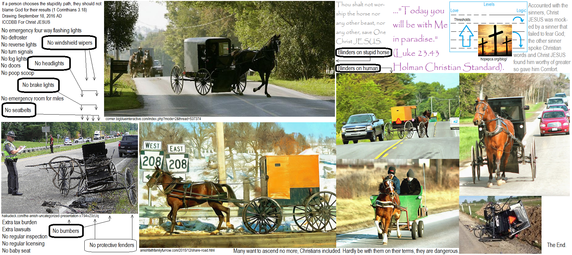 Amish follow stupid horses to carelessly cause deaths. Do not be careless, be for God In JESUS Christ. Do not be the cause of troubles against the self and innocent others. Be Christian, and yet be wise concerning how to properly ascend in the Heavenly realms in Christ JESUS