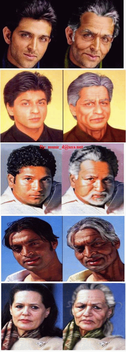 Comparison betwee pictures of famous people when they are young and a projection of how they will look when they are old.