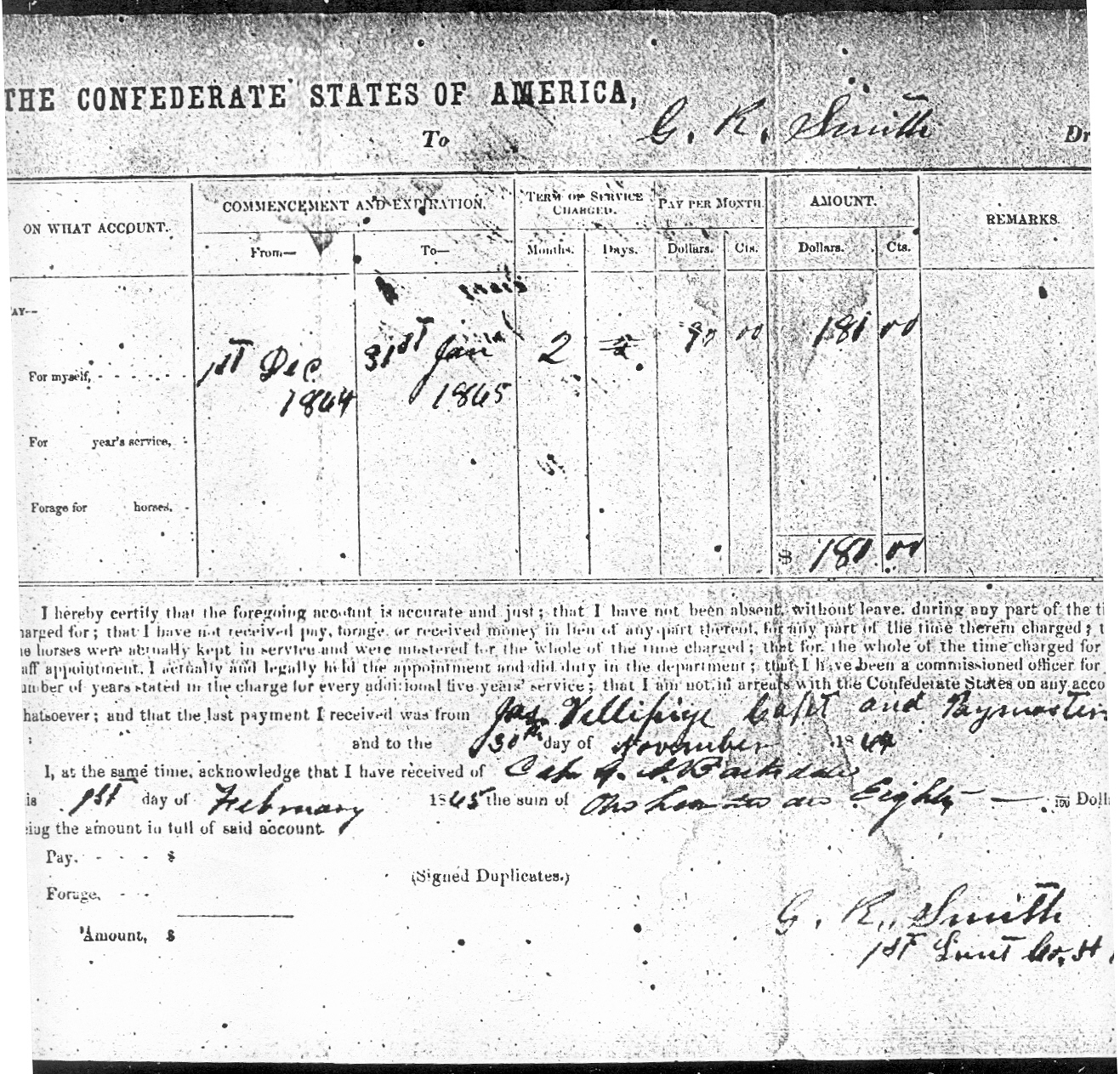 Officer's Pay Account Voucher, dated February 1st, 1865.