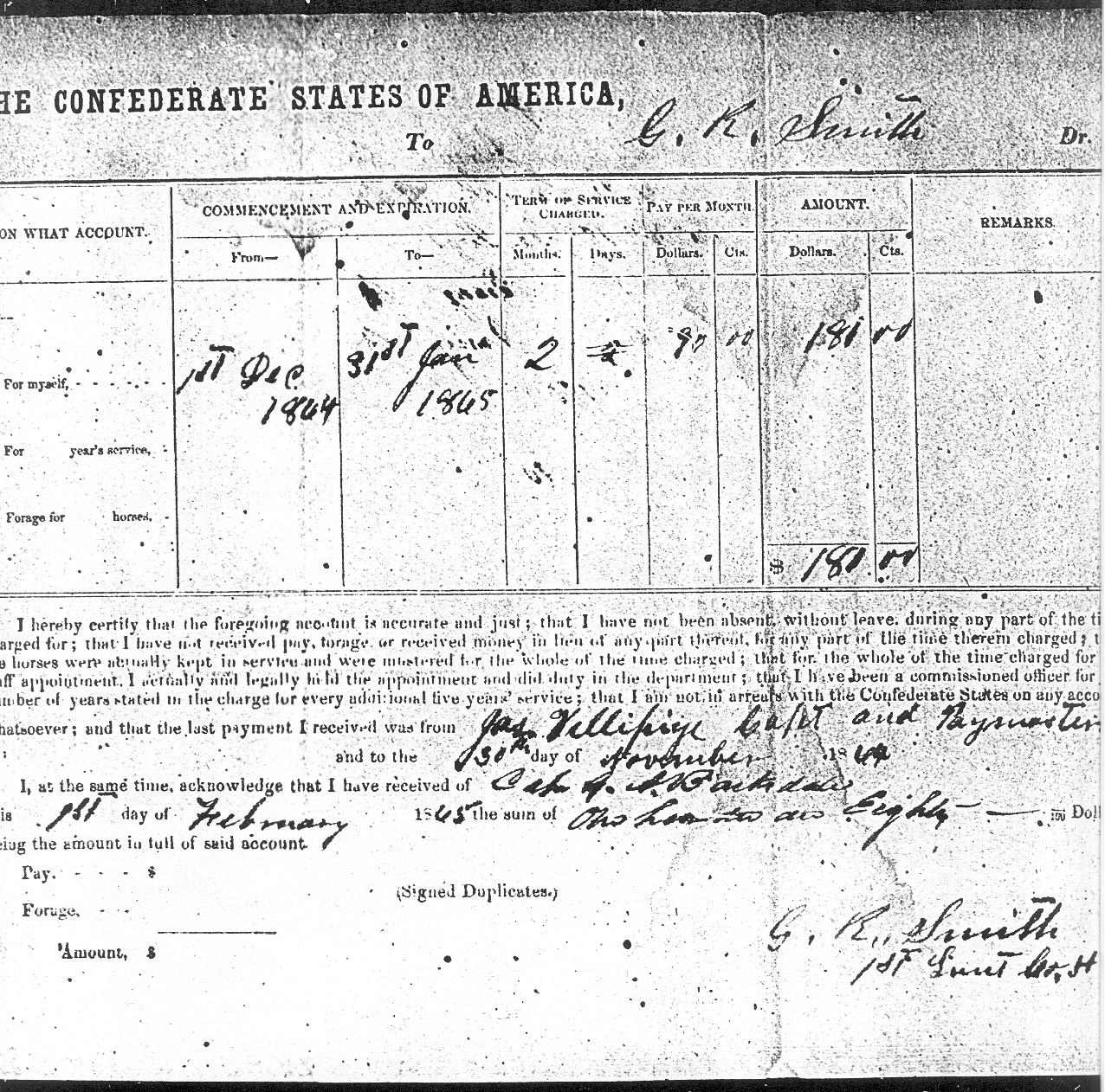 Pay Voucher for December 1st, 1864 to January 31st, 1865